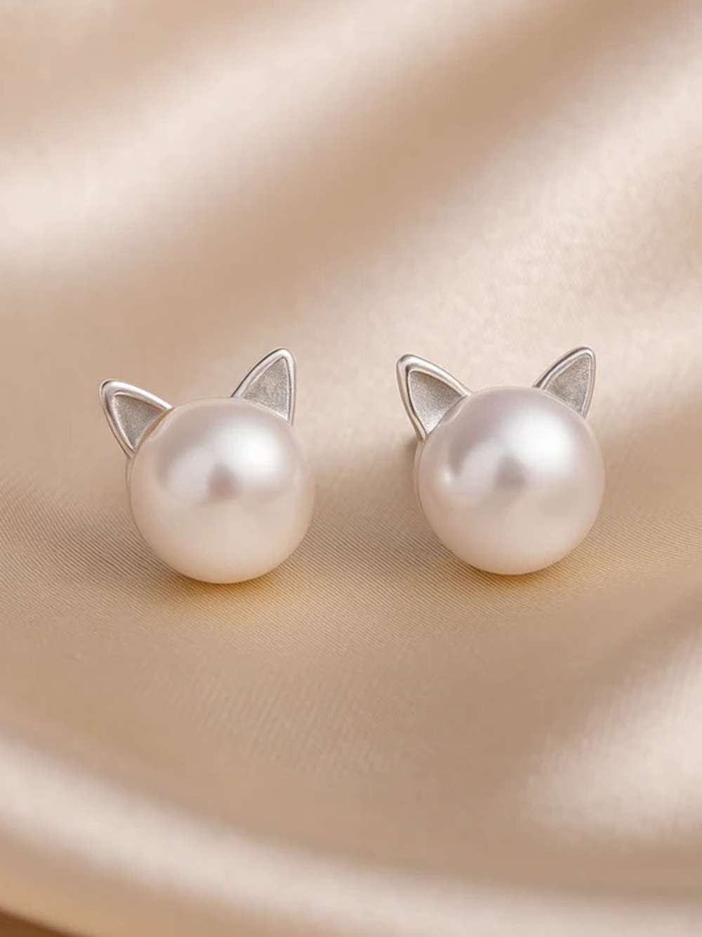 Elegant Pearl Cat Ear Stud Earrings - White Pearl